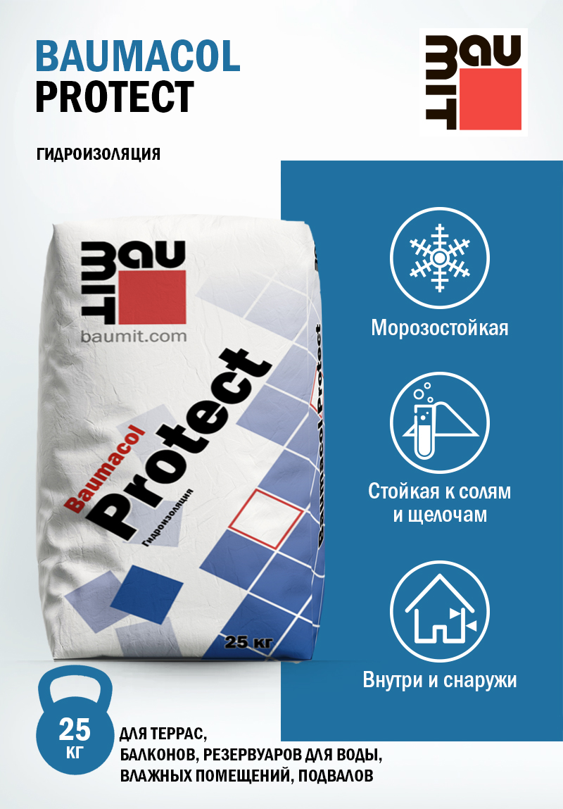 Гидроизоляция Baumacol Protect Цементная обмазочная для внутренних и наружных работ